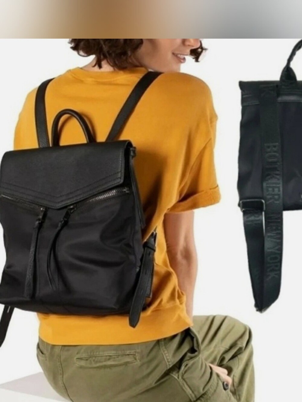 Botkier New York Trigger Mini Backpack Nylon Faux Leather Black Logo Straps